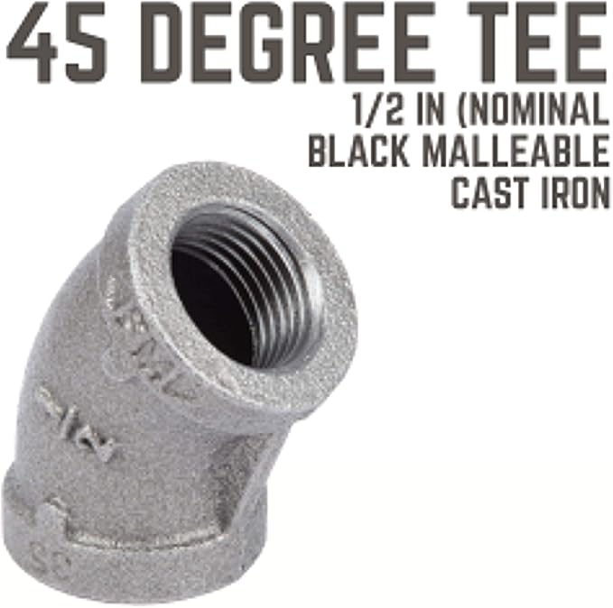 1/2" Elbow 45 Degree Fitting, PIPE DECOR Black Malleable Iron Fittings Fit - Image 3