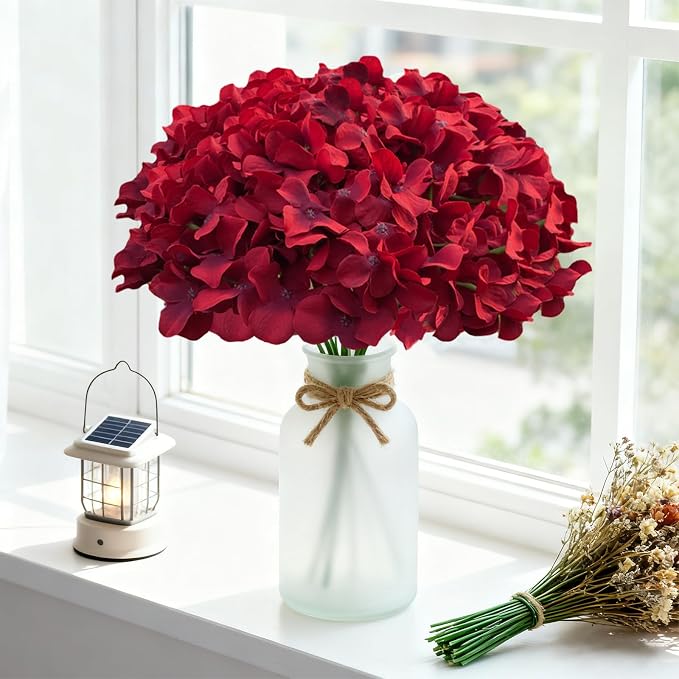 65Pcs Deep Red Hydrangea Artificial Flowers Bulk，Realistic Silk Fake Flowers - Image 2