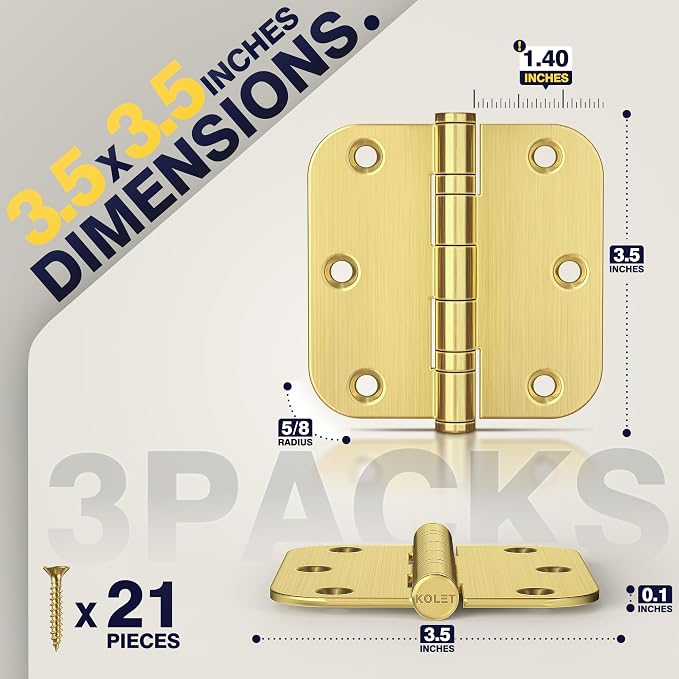 KOLET Ball Bearing Door Hinges, 3.5 Inches, 5/8" Radius Brushed Gold, 3 Pack | - Image 3