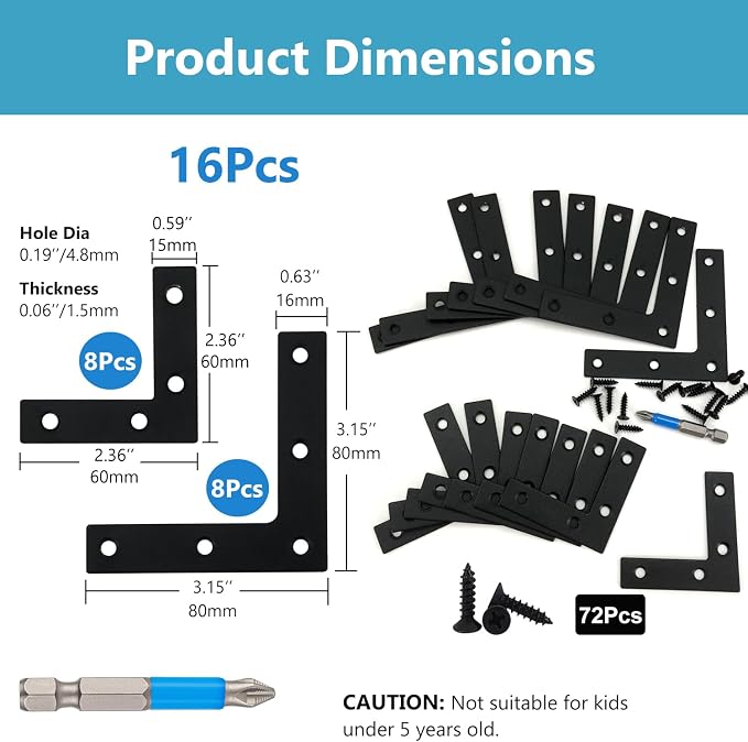 QSJ 16 Pcs L Flat Straight Brackets Corner Bracket Set 8Pcs 2.36''/8Pcs 3.15'' - Image 2