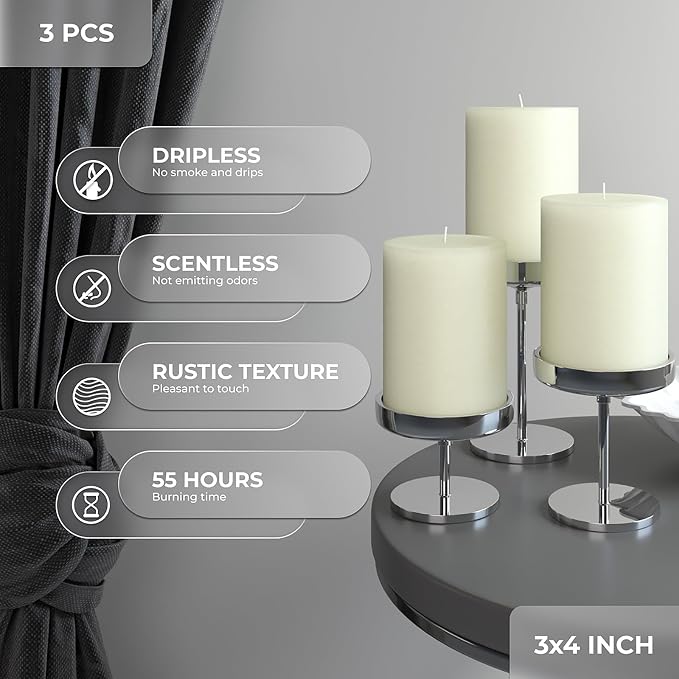 3x4 inch Pillar Candles Set of 3 – Unscented Dripless Rustic Ivory Candles - Image 2