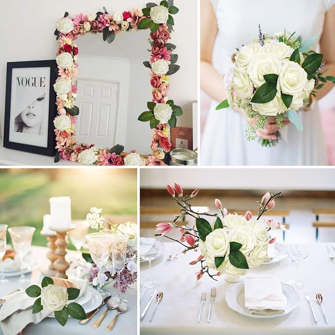 AmyHomie Ivory Rose 25pcs Real Looking Artificial Flowers w/Stem | Bouquet - Image 5