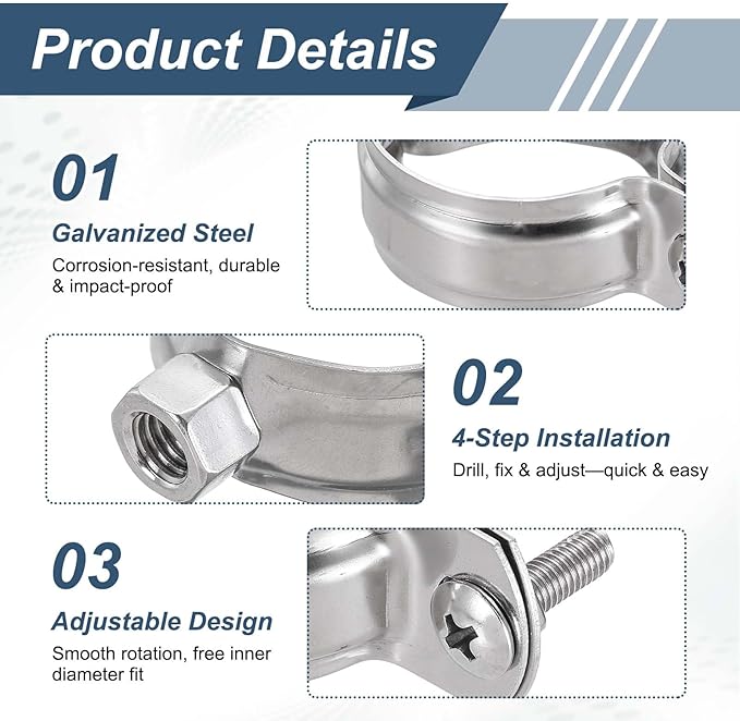 HARFINGTON 8 Pcs Adjustable Pipe Bracket Clamps 3-9/16" Stainless Steel Wall - Image 4