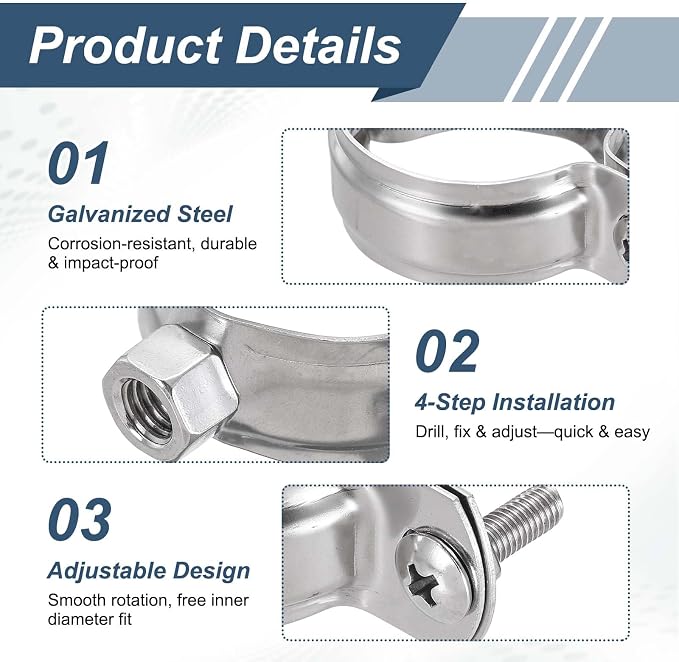 HARFINGTON 8 Pcs Adjustable Pipe Bracket Clamps 13/16" Stainless Steel Wall - Image 4