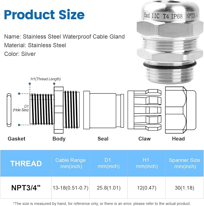 QCG 3/4" NPT Stainless Steel Cable Gland Waterproof IP68, Adjustable - Image 3