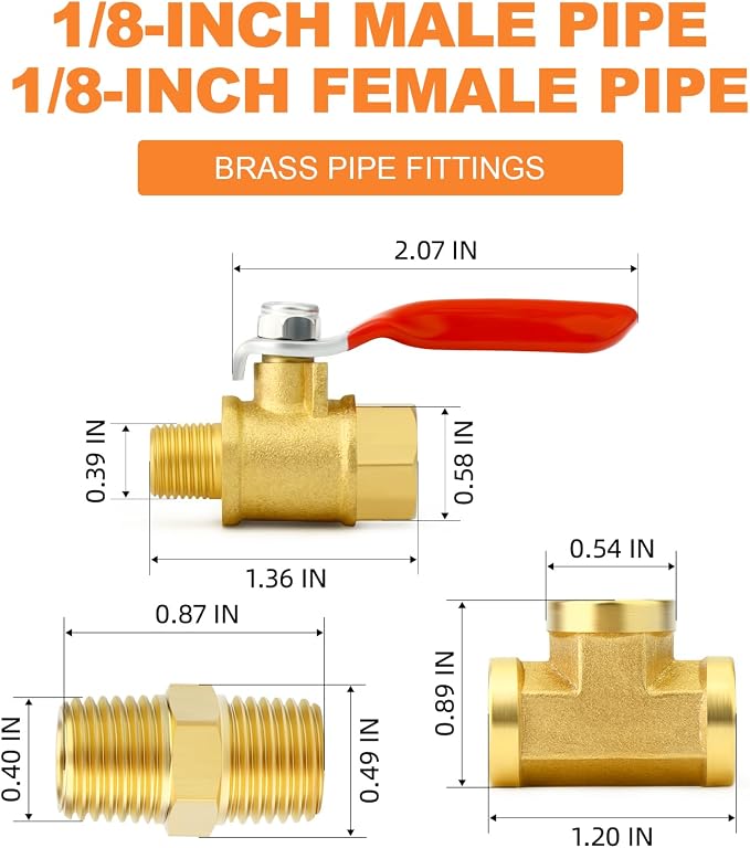 GASHER 6PCS 1/8 Inch NPT Brass Pipe Fitting, Ball Valve, Barstock Tee Brass - Image 2