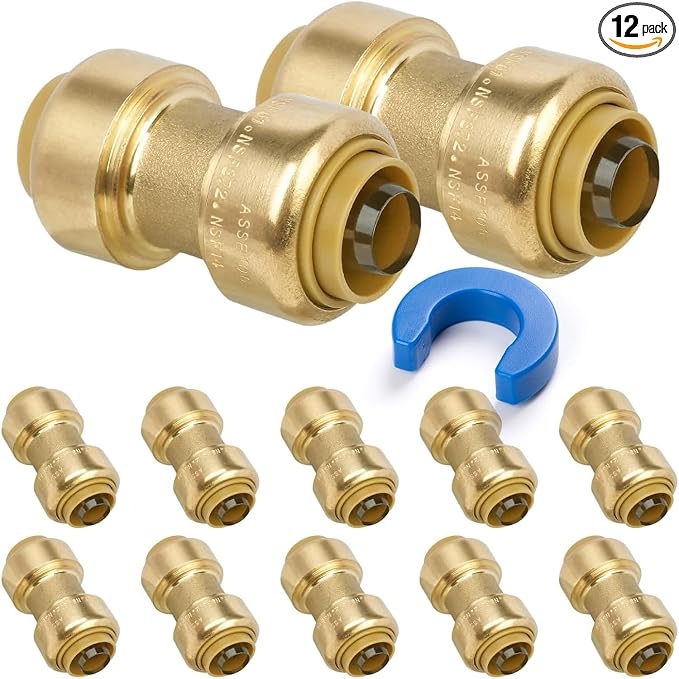 12 Pack Push-Fit Coupling, 1/2" Push to Connect Brass Plumbing Fitting by KAINGA