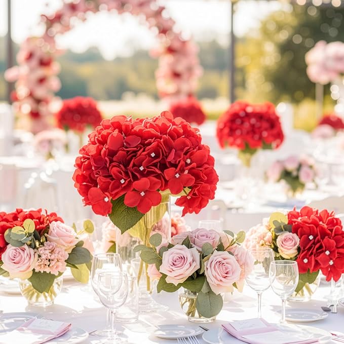 Auihiay 64Pcs Red Hydrangea Artificial Flowers, Fake Hydrangea Flowers | - Image 7