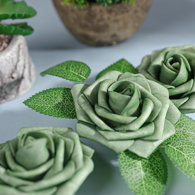 AmyHomie Green Rose 25pcs Real Looking Artificial Flowers w/Stem | Bouquet - Image 7