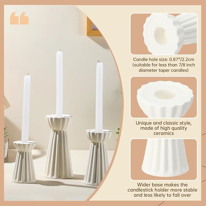 Honeydak Set of 3 Ceramic Taper Candle Holder Cream White Candlestick Holder - Image 5