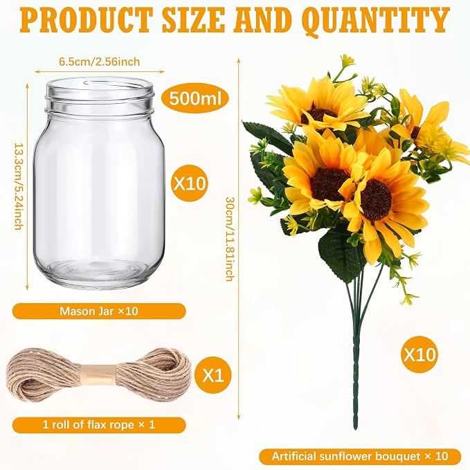 XunYee 10 Set Mason Jars for Centerpieces, Sunflower | Mason Jar Flower Vases - Image 2