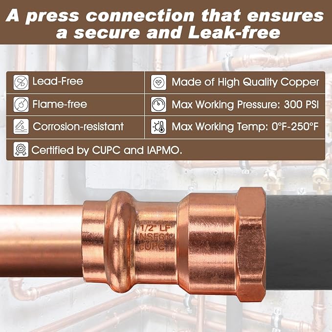 Copper Press Fittings 12pk, 1/2" Press x 1/2"NPT Copper Press Female Adapter | - Image 3