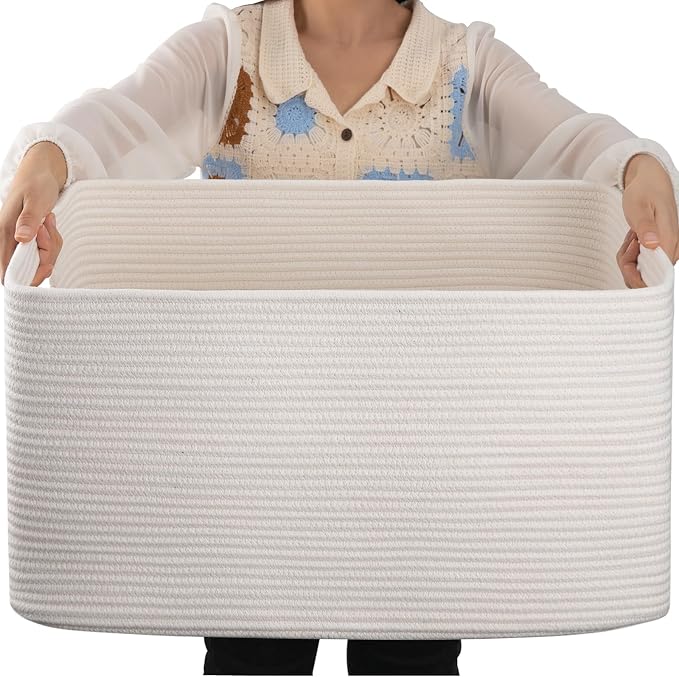 OIAHOMY 75L Large Blanket Basket, Woven Cotton Rope Baskets by MasterofSpaceOptimization
