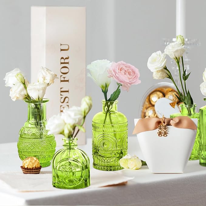 Green Glass Bud Vase Set, Mini Single Vintage Style - Image 5