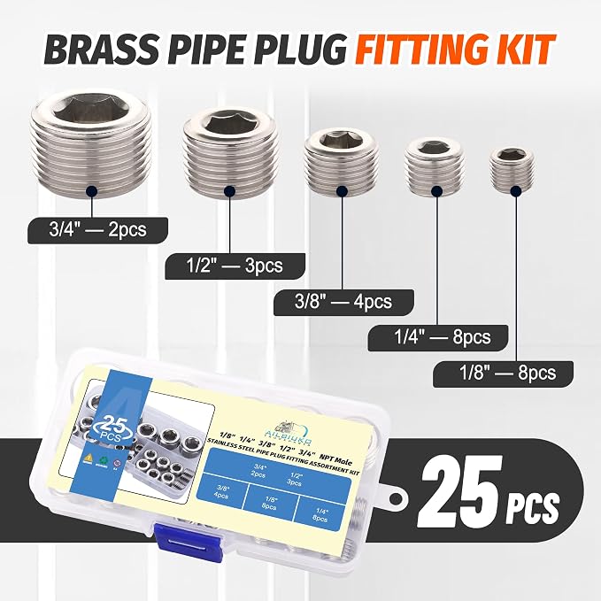 25Pcs 304 Stainless Steel Pipe Plug Fittings Kit, 5 Sizes | 1/8" 1/4" 3/8" 1/2" - Image 2