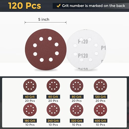 HARFINGTON 120Pcs 5Inch Sanding Disc 8 Hole Hook and Loop Sandpaper Red | - Image 2