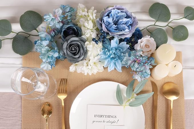 Artificial Flowers Combo Dusty Blue Flowers Mix Silk Flowers Dahlia Roses - Image 3