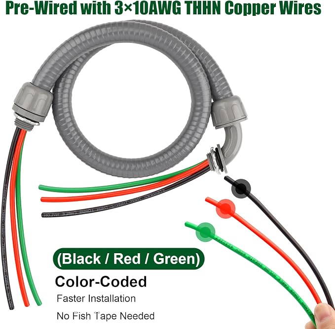 8FT Liquid-Tight Conduit Kit, 1/2" Pre-Wired Electrical Whip - Image 3