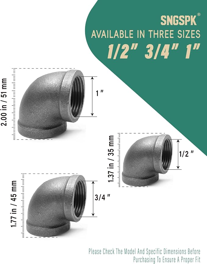 Black Cast Iron 90 Degree Elbow, Female Pipe Fitting, 1/2 Inch Size, - Image 3