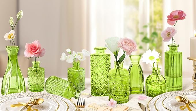 Green Glass Bud Vase Set, Mini Single Vintage Style - Image 2