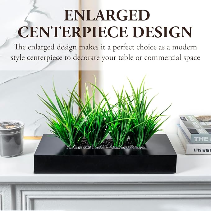 MyGift 14 Inch Artificial Grass Plant in Matte Black Wood Rectangular Pot | - Image 3