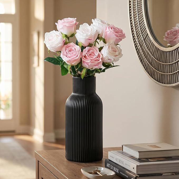 Black Ceramic Tall Vase, Modern Smooth Vertical Ribbed, Nordic Minimalist - Image 2