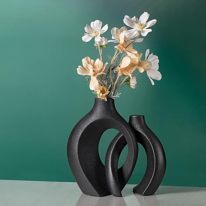 Black Hollow Ceramic Vase Set of 2, Snuggle Round Boho Donut Modern Vase Nordic - Image 3