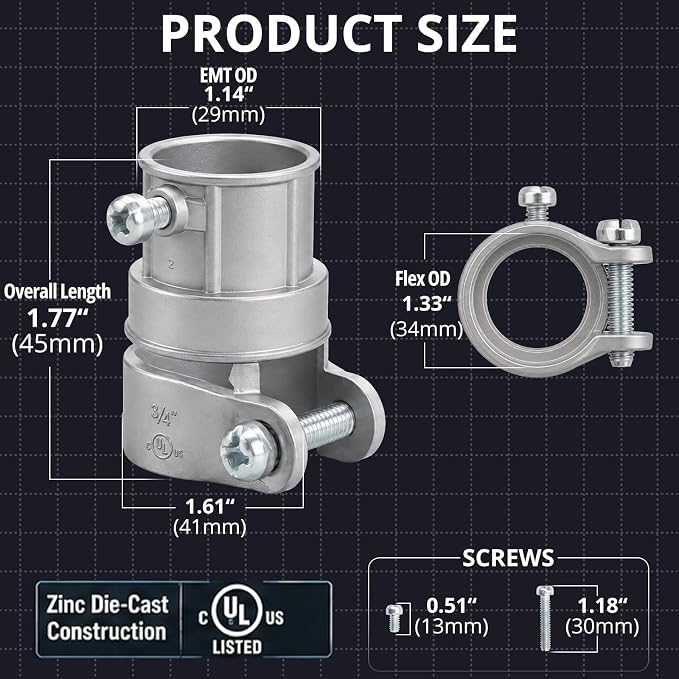 3/4" Squeeze EMT to Flex Coupling, UL Listed, 20 Pack | Zinc Die-Cast Body - Image 2