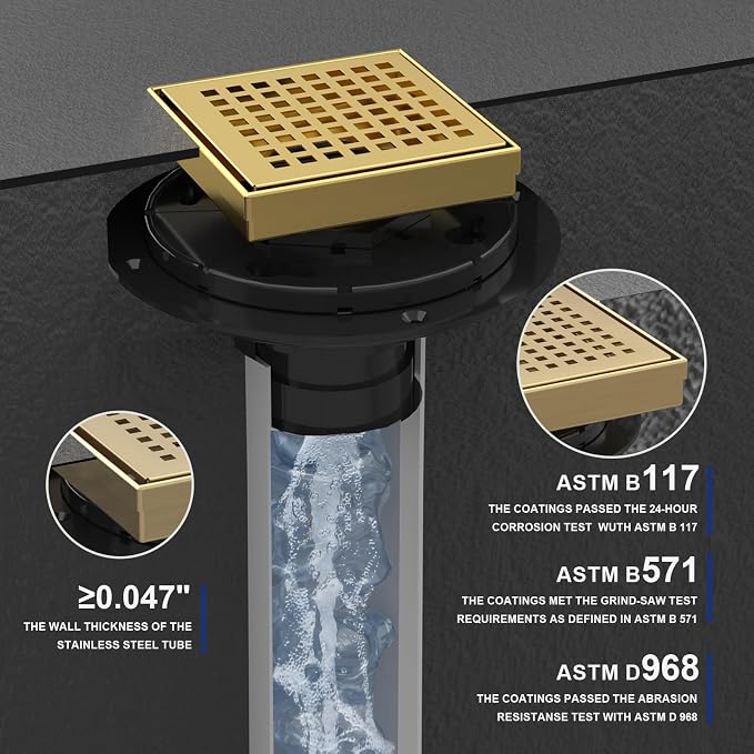 4 Inch Brushed Gold Square Shower Drain - Image 5