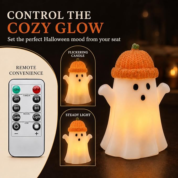 Enido Ghost with Pumpkin Hat Flameless Candles with Remote, Battery Operated - Image 5