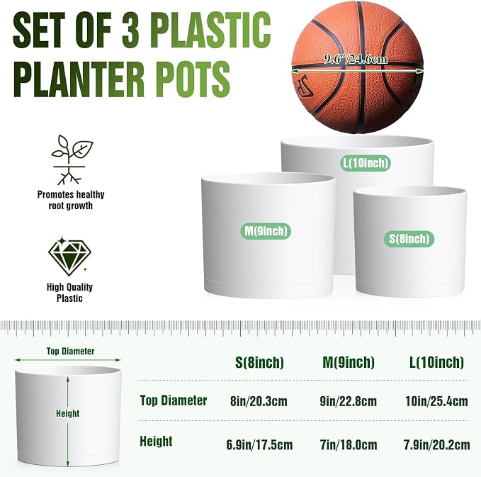 10/9/8 Inch Plant Pots 3 Pack, - Image 3