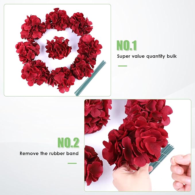AVIVIHO 65Pcs Fake Flowers Burgundy Hydrangea Artificial Flowers Bulk Silk - Image 7