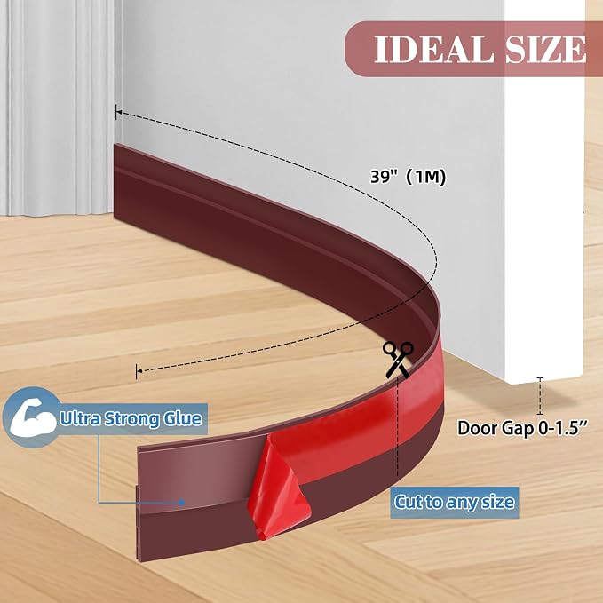 Door Sweep for Bottom of Door, Strong Adhesive Door Gap Blocker | Silicone - Image 2