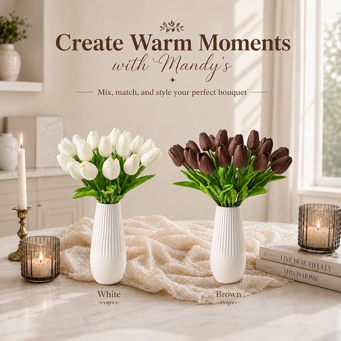 Mandy's 20pcs Artificial Brown Tulips | 13.5 Inch Lifelike PU Tulips Faux - Image 9