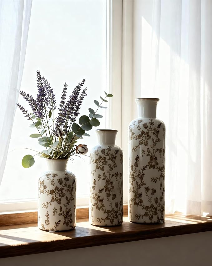 Brown Ceramic Vase Set of 3, Vintage Brown Floral Vases - Image 7