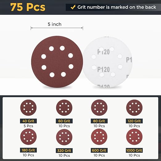 HARFINGTON 75Pcs 5Inch Sanding Disc 8 Hole Hook and Loop Sandpaper Red | - Image 2