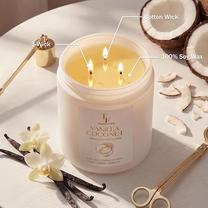 Vanilla Coconut Large Scented Candle, 3-Wick 22oz Long Lasting Scented Candle - Image 4