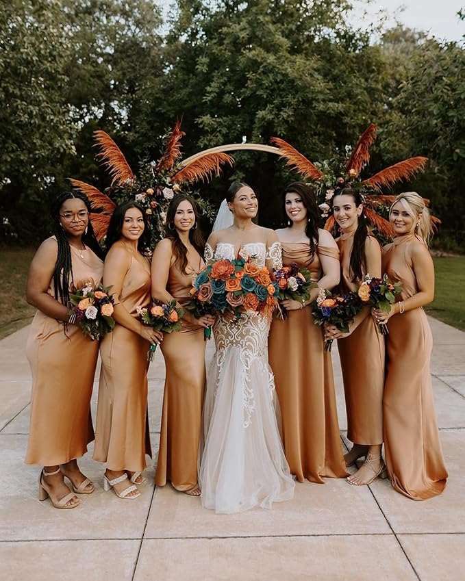 FACINOC Roses Artificial Flowers Teal Orange Bouquet Fall Fake Flower Combo | - Image 3