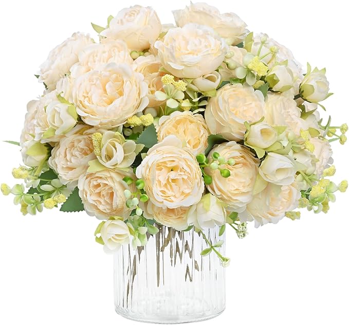 4 Packs Peonies Artificial Flowers, Champagne Silk Artificial Peonies | Fake by MARTINEMALL