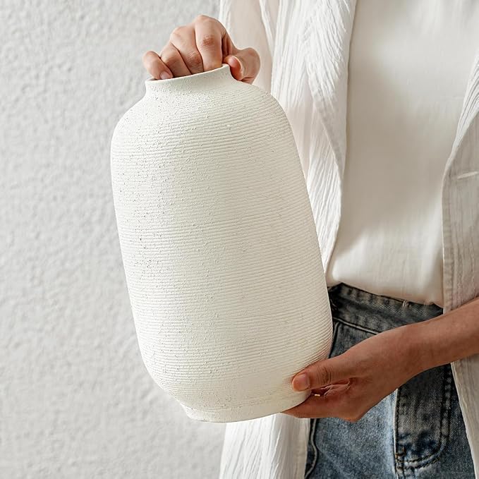 White Ceramic Flower Vase, 10.8" H | Tall Farmhouse Style, Hand-made Textured - Image 7