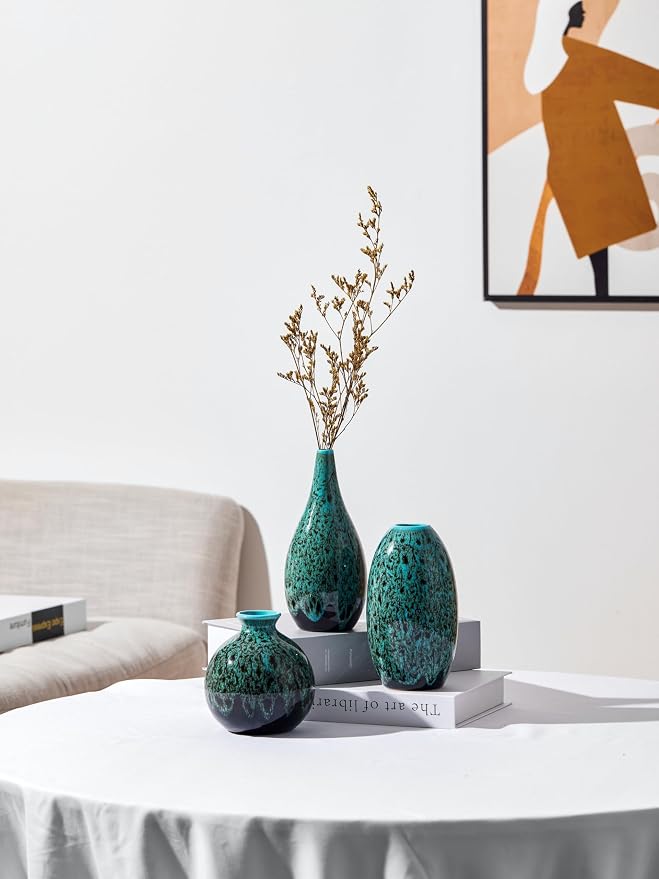 Ceramic Bud Vase Set, Fambe Blue Glazed Finish, Decorative Flower Vases - Image 4