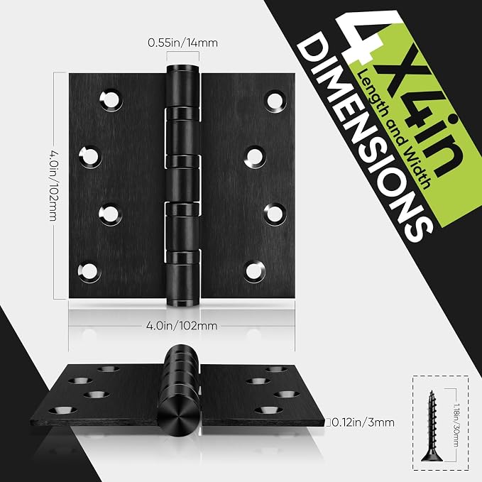 6 Pack Ball Bearing Door Hinges, 4in x 4in Heavy Duty Stainless Steel Door - Image 4