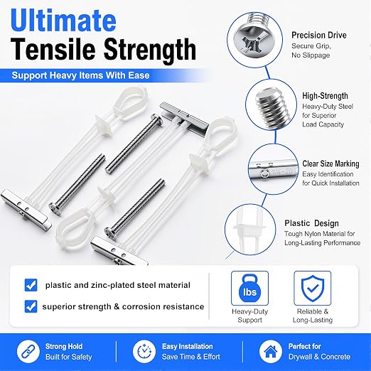 8Pack Drywall Anchor with Bolts Kit, 1/4-20 Heavy Duty Toggle Bolts - Image 5