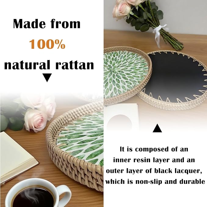 Round Rattan Tray with Mother of Pearl Inlay, Decorative Basket with Wooden Base - Image 4