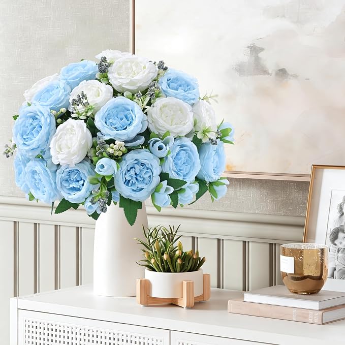 2 Packs Peonies Artificial Flowers Mixed White Blue Silk Artificial Peonies | - Image 8