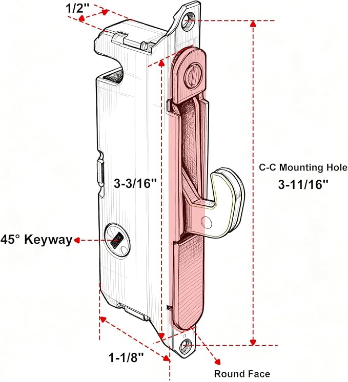 Replacement Latch for Sliding Patio Mortise Door Lock, 45° Keyway | Drop - Image 4