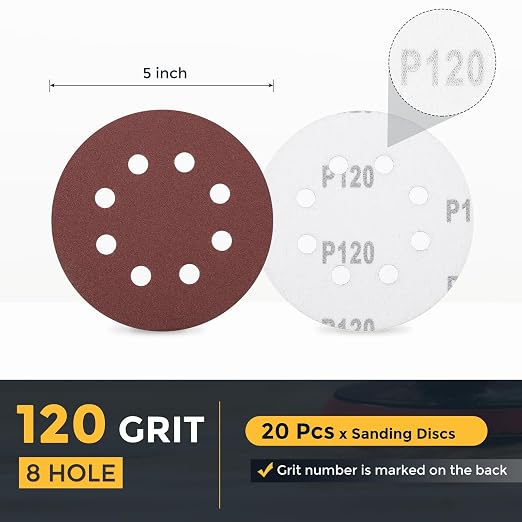 HARFINGTON 20 Pcs 5 Inch Sanding Discs 120 Grit Red Aluminum Oxide 8 Hole | - Image 2