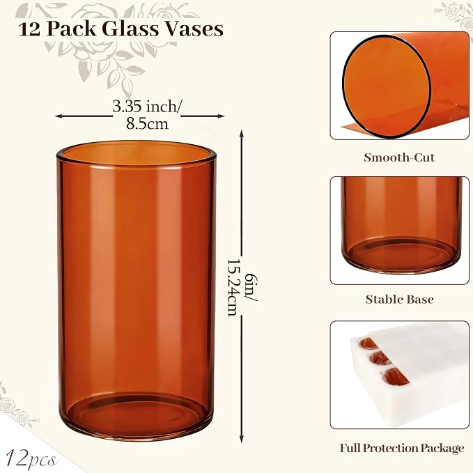 12pcs 6 Inch Amber Glass Cylinder Vases - Image 2