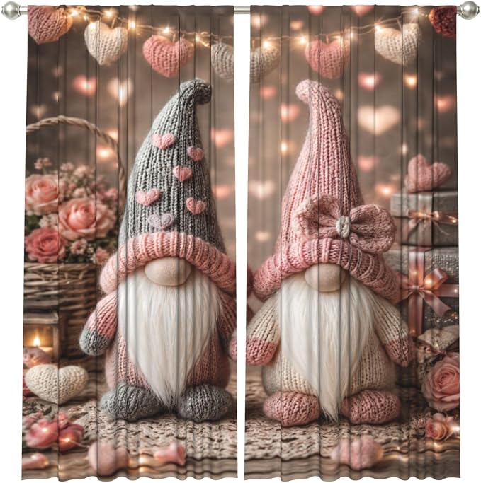 Knit Gnomes Valentine Hearts Window Curtains 2 Panels Set, 52 X 84 Inch - Image 2