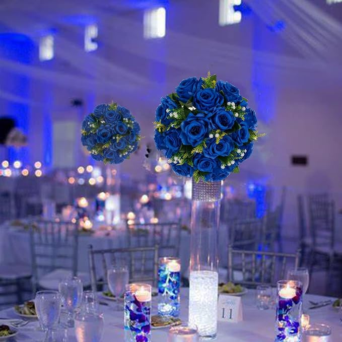 BLOSMON Royal Blue Artificial Flowers: 6 Pcs Fake Roses Flower Ball Centerpieces - Image 3